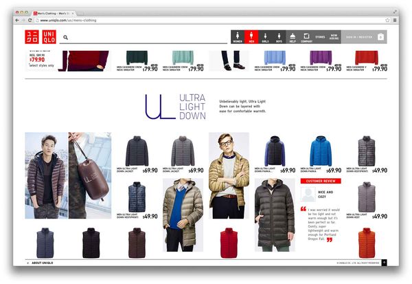 Страница сайта Uniqlo с каталогом коллекции зимней одежды. На фотографиях жилеты, пуховики, куртки и мужчины в них.