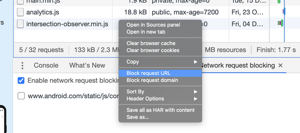 Заблокировать запрашиваемый URL в инструментах разработчика.