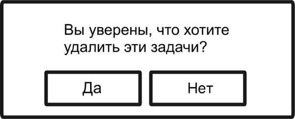 Текст диалогового окна «Вы уверены, что хотите удалить эти задачи?» с кнопками «Да» и «Нет».