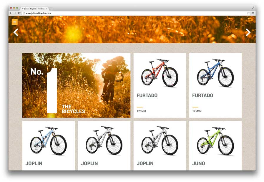 Главная страница сайта Juliana Bicycles. На ней слайдер и галерея с фотографиями велосипедов и их названиями.