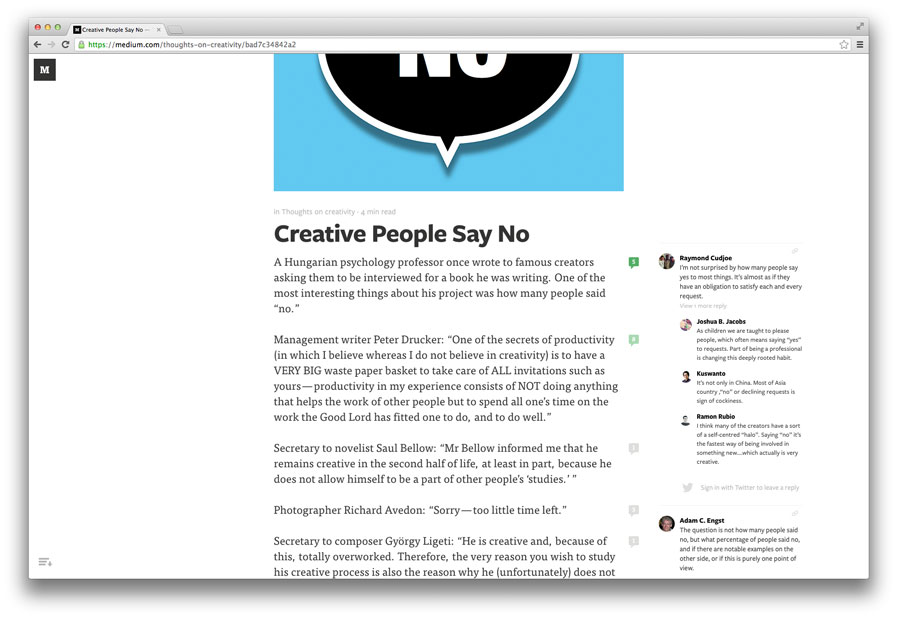 Статья с сайта Medium, которая называется Креативные люди говорят нет. В начале статьи изображение с надписью Нет. Слева от текста комментарии пользователей к нему.
