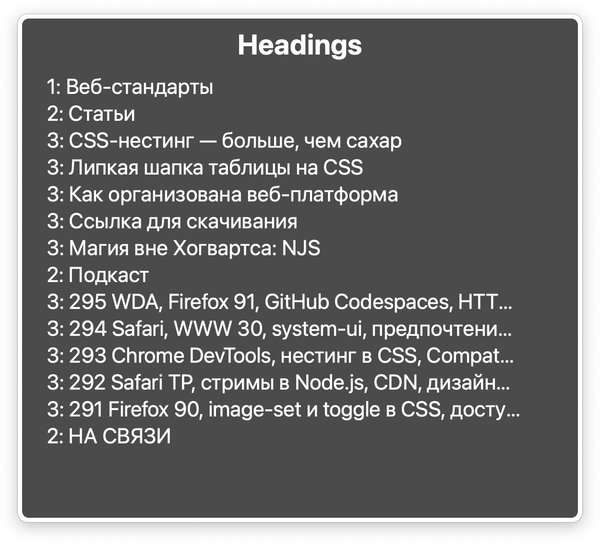 Окно VoicOver со списком всех заголовков страницы.