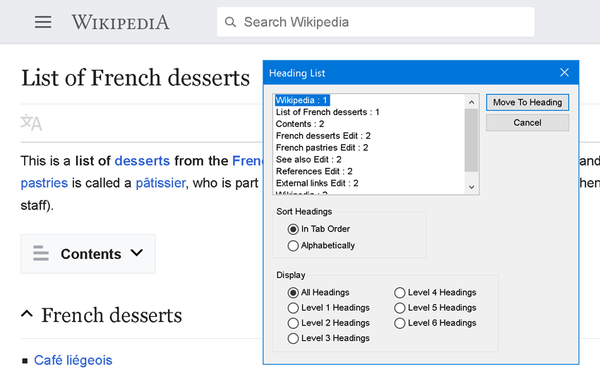 Сгенерированный список заголовков на странице Wikipedia