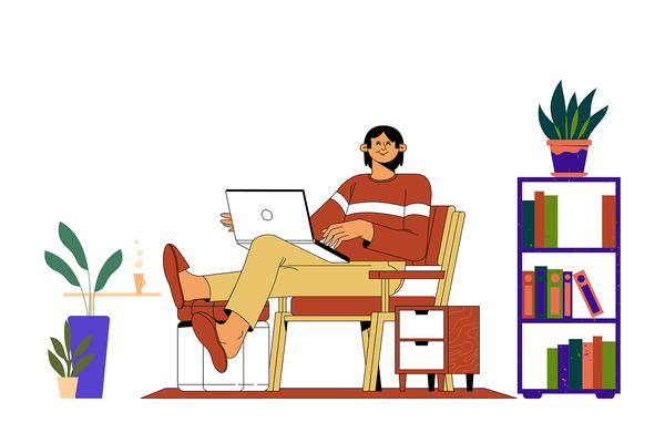 Рисованный персонаж сидит на стуле и держит на коленях ноутбук