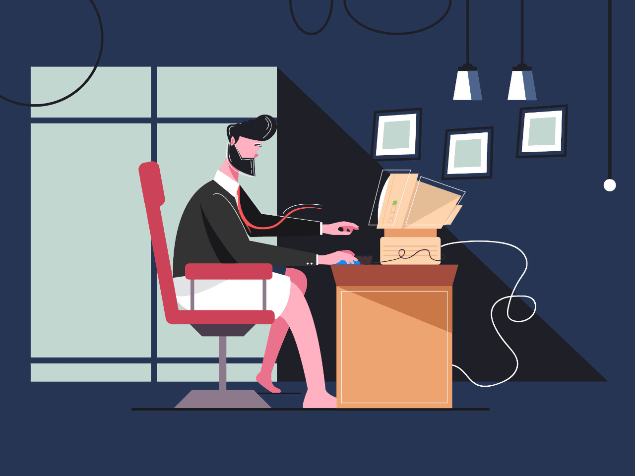 Рисованный мужчина сидит в тёмной комнате напротив окна за компьютером в галстуке и пиджаке, но без брюк.
